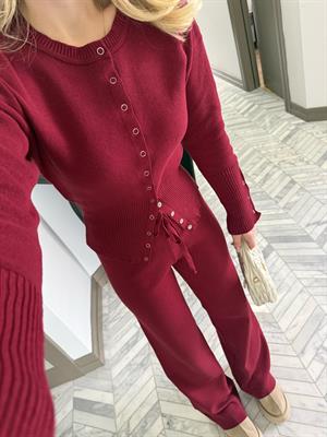 Bordo Çıtçıtlı Bel Oturtmalı İkili Triko Takım