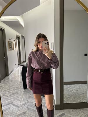 Bordo Çizgili Oversize Gömlek-37116