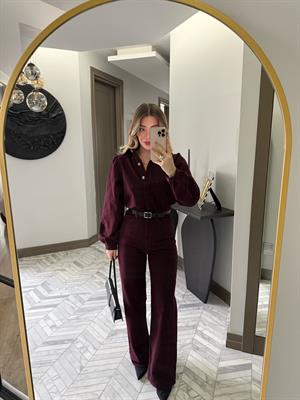 Bordo Denim Kemerli Tulum -8152