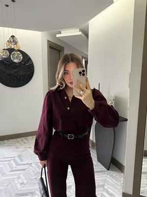 Bordo Denim Kemerli Tulum -8152