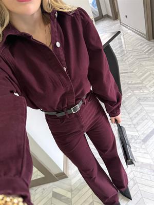 Bordo Denim Kemerli Tulum -8152