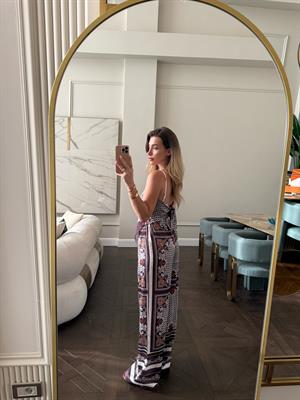 Bordo Desenli Saten Bluz Pantolon İkili Takım