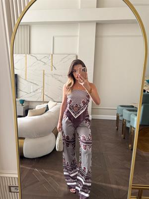 Bordo Desenli Saten Bluz Pantolon İkili Takım