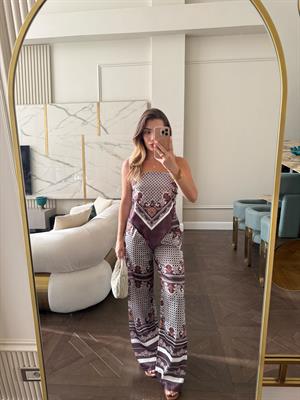 Bordo Desenli Saten Bluz Pantolon İkili Takım
