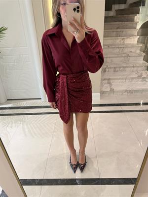 Bordo Detaylı Pul Payet Mini Etek