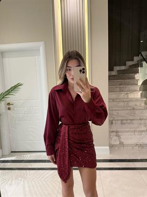 Bordo Detaylı Pul Payet Mini Etek