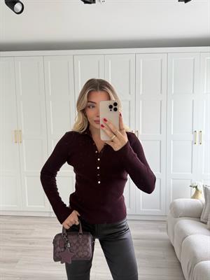 Bordo Dik Yaka Çıtçıtlı Triko Kazak-10686