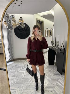 Bordo Dokulu Şifon Elbise-35537