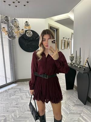 Bordo Dokulu Şifon Elbise-35537