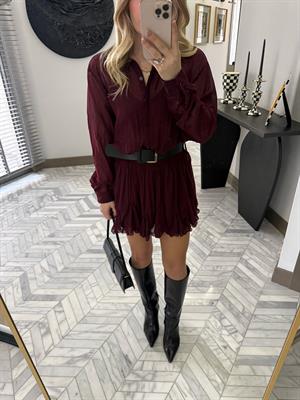 Bordo Dokulu Şifon Elbise-35537