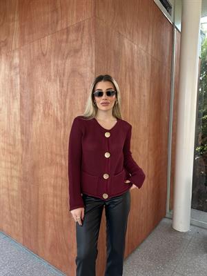 Bordo Gold Düğmeli Ajurlu Hırka 