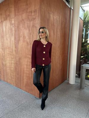 Bordo Gold Düğmeli Ajurlu Hırka 