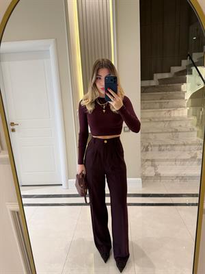 Bordo Gold Düğmeli Pileli Palazzo Pantolon 51078