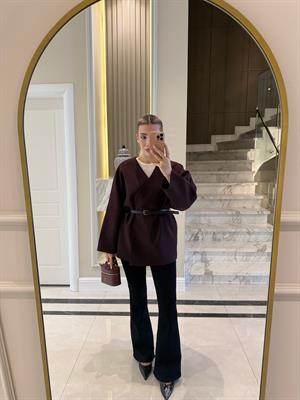 Bordo Kemerli Oversize Ceket