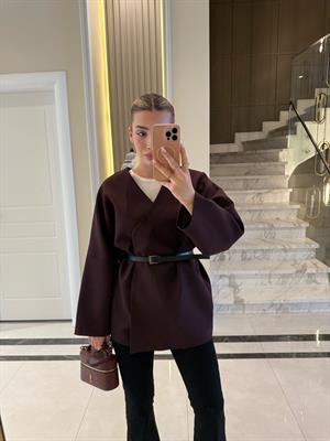 Bordo Kemerli Oversize Ceket