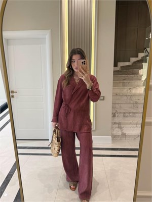 Bordo Kruvaze Bağlamalı Gömlek Pantolon İkili Takım