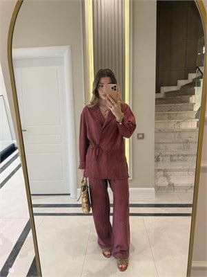 Bordo Kruvaze Bağlamalı Gömlek Pantolon İkili Takım