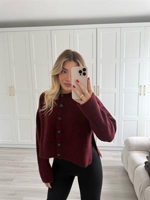 Bordo Melanj  Dik Yaka Düğmeli Yumuşak Dokulu Yırtmaçlı Triko Hırka-60280