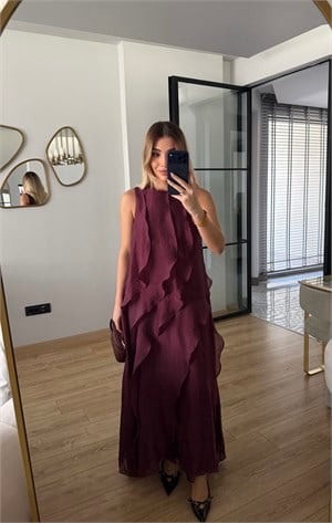 Bordo Nora Fırfır Detaylı Elbise - 3450