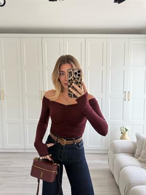 Bordo Omuzları Açık Büzgülü Top-32089