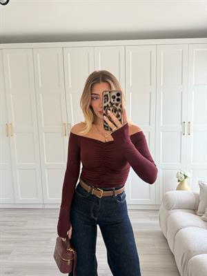 Bordo Omuzları Açık Büzgülü Top-32089