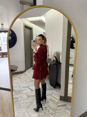 Bordo Özel Dokuda Kendinden Çizgili Elbise-35540