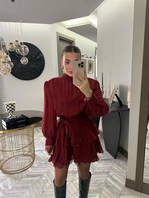 Bordo Özel Dokuda Kendinden Çizgili Elbise-35540