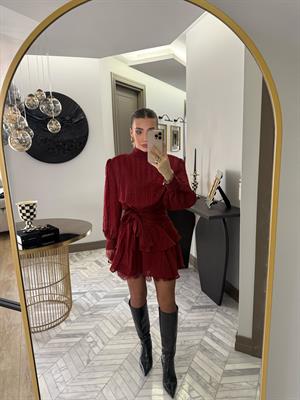 Bordo Özel Dokuda Kendinden Çizgili Elbise-35540