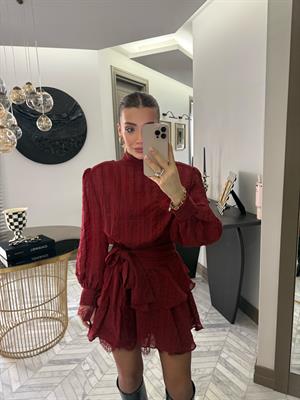 Bordo Özel Dokuda Kendinden Çizgili Elbise-35540