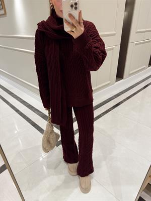 Bordo Saç Örgülü Atkılı Triko Takım