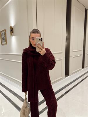 Bordo Saç Örgülü Atkılı Triko Takım