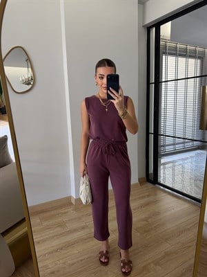 Bordo Sıfır Kol Modal Kumaşlı Bluz Pantolon İkili Takım - 7272