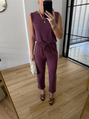 Bordo Sıfır Kol Modal Kumaşlı Bluz Pantolon İkili Takım - 7272