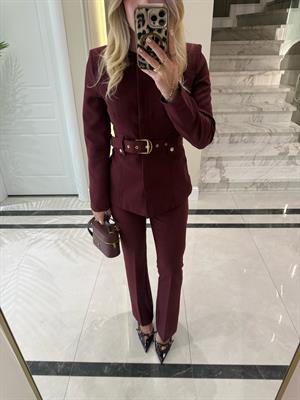 Bordo Sıfır Yakalı Kemerli Ceket Pantolon İkili Takım