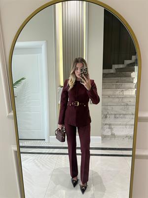 Bordo Sıfır Yakalı Kemerli Ceket Pantolon İkili Takım