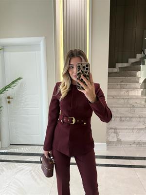 Bordo Sıfır Yakalı Kemerli Ceket Pantolon İkili Takım