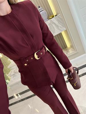 Bordo Sıfır Yakalı Kemerli Ceket Pantolon İkili Takım