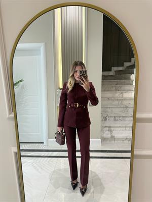 Bordo Sıfır Yakalı Kemerli Ceket Pantolon İkili Takım