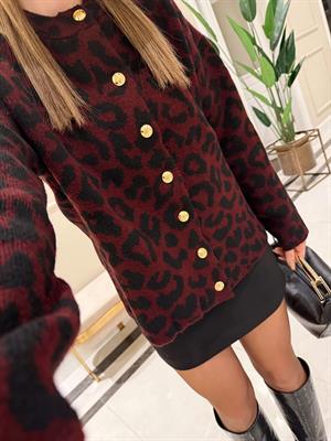 Bordo-Siyah Leopar Desenli Düğmeli Hırka 