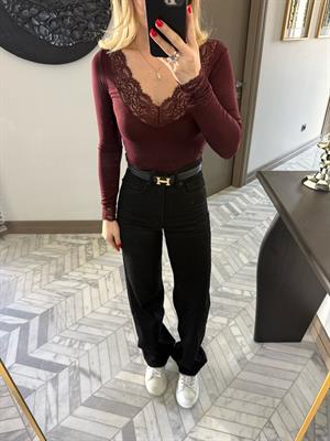 Bordo V Yaka Dantelli Bluz