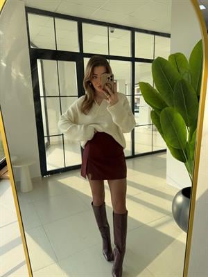 Bordo Yırtmaçlı Şort Etek