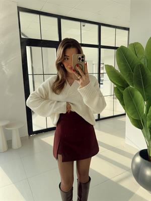 Bordo Yırtmaçlı Şort Etek