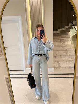 Buz Mavi Bol Paçalı Verev Dikiş Detaylı Jean 