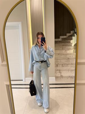 Buz Mavi Bol Paçalı Verev Dikiş Detaylı Jean 