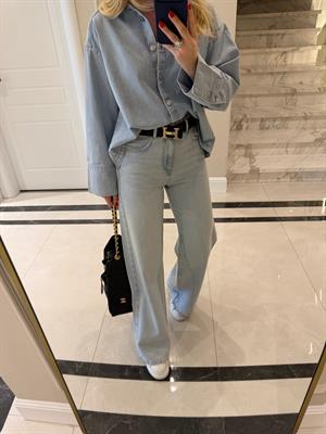 Buz Mavi Bol Paçalı Verev Dikiş Detaylı Jean 