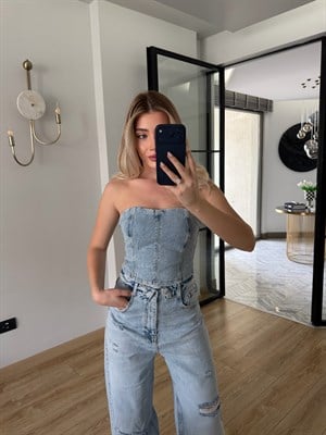 Buz Mavi Büstiyer-Pantolon İkili Denim Takım