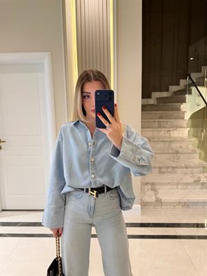 Buz Mavi Polo Yaka Oversize Denim Gömlek