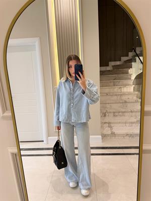 Buz Mavi Polo Yaka Oversize Denim Gömlek