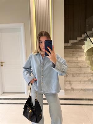 Buz Mavi Polo Yaka Oversize Denim Gömlek