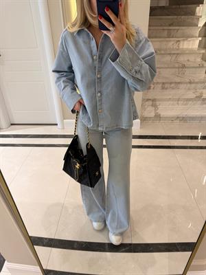 Buz Mavi Polo Yaka Oversize Denim Gömlek